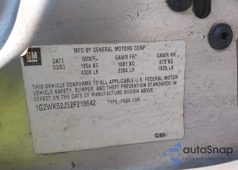 2002 Pontiac Grand Prix Se z USA, uszkodzony, nr VIN 1G2WK52J52F218642